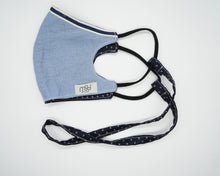 Load image into Gallery viewer, Blue linen face covering with dark blue inside