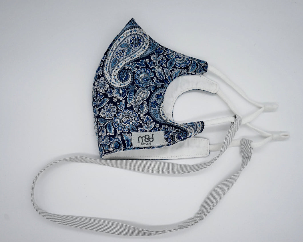 Dark blue paisley face covering